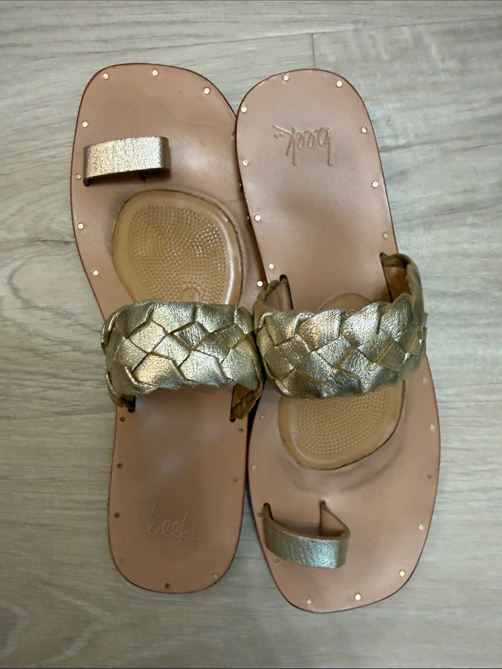 beek Metallic Gold Braided Leather Toe-Ring Sandals